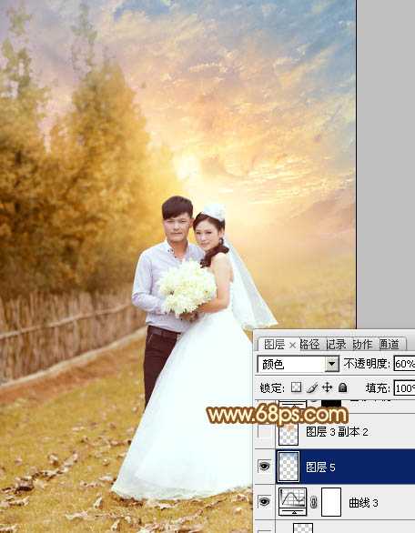 Photoshop为泛白的顺林婚片增加柔美的霞光效果教程