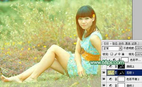 Photoshop为野草中的人物调制出柔和的小清新黄绿色