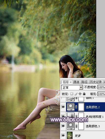 Photoshop将湖景美女图片打造出冷暖对比的冷调蓝紫色