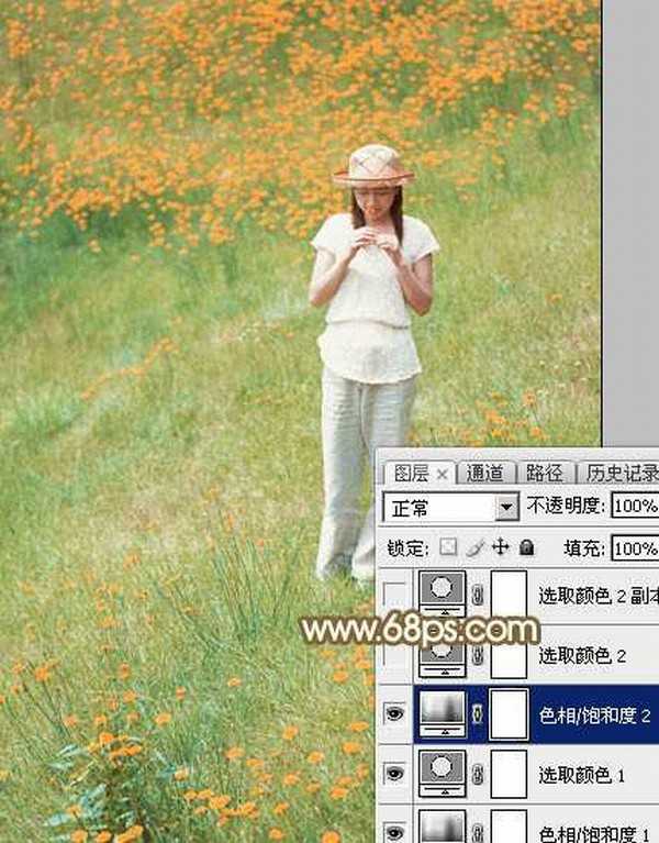 Photoshop调制出甜美的韩系粉红色野花中的美女图片