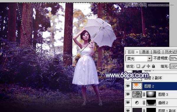 Photoshop调出梦幻紫色调的森林美女照片教程