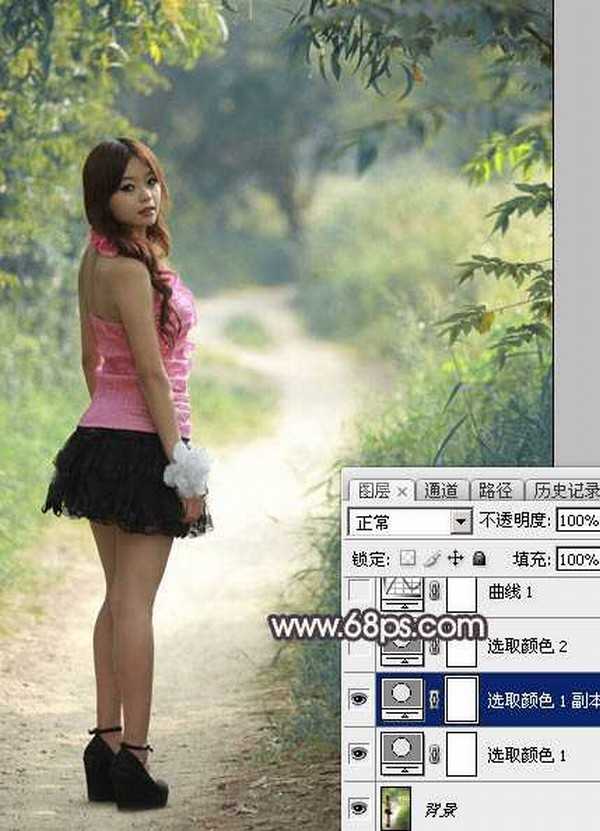 Photoshop调出暗调深秋色树林路边的人物图片